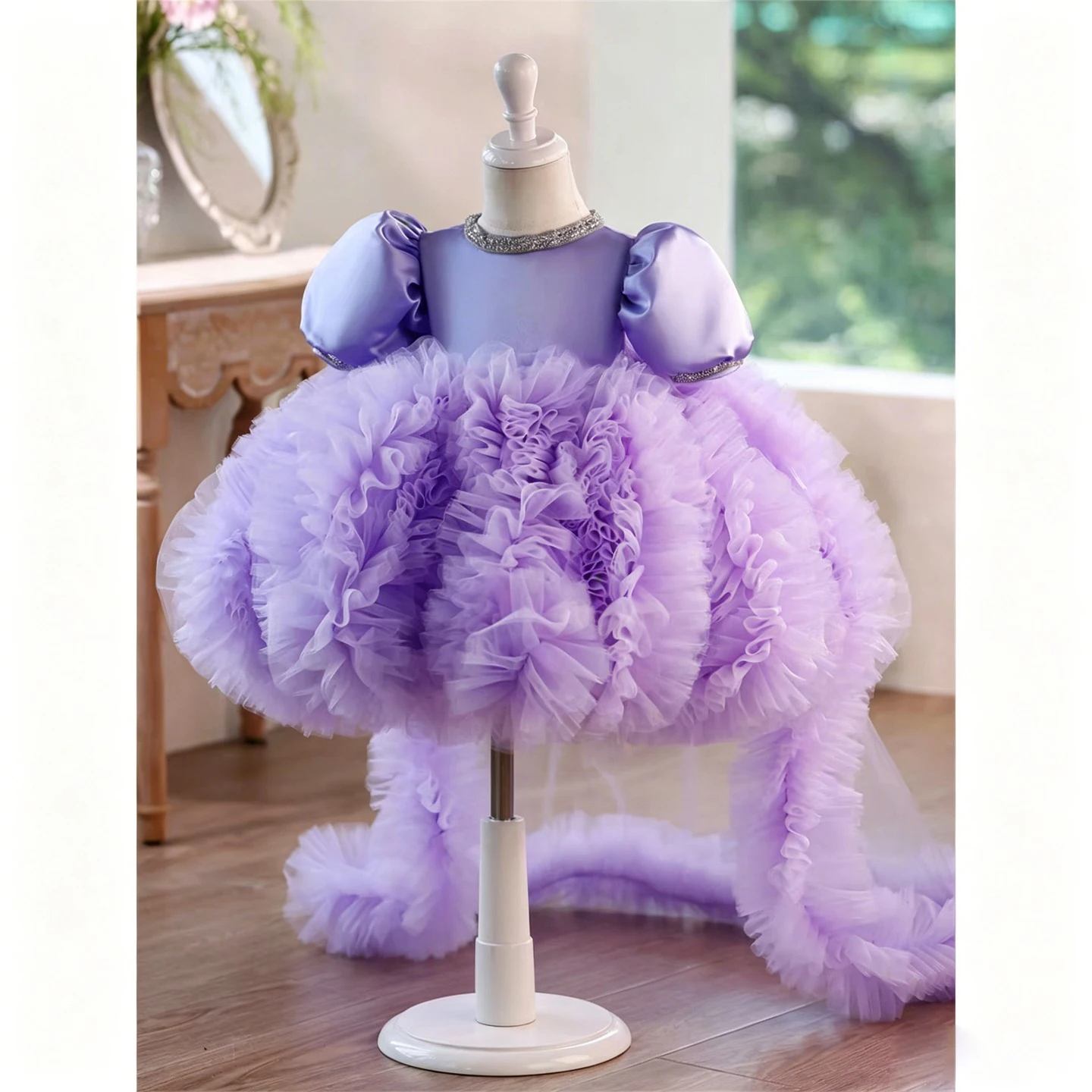 Jill Wish J915 Luxury Lavender Flower Girl Dress Puff Sleeve Tulle Ruffle Princess Gown with Detachable Cape Long Train Wedding