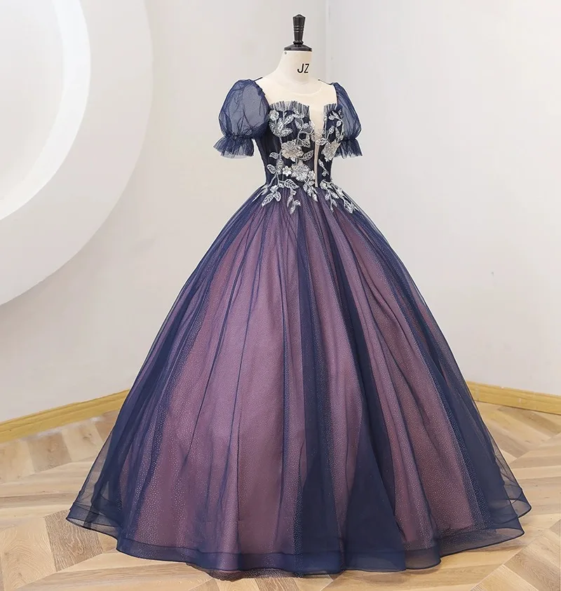 Vestidos De Quinceañera De princesa azul marino, manga corta, cuello en V, apliques De lentejuelas, fiesta dulce 16, 15 Años