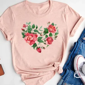 T -Shirt với trái tim tình yêu màu nước nữ, tay áo ngắn T -shirt, quần áo cơ bản, quần áo mùa hè, quần áo đồ họa, thời trang ngọt ngào 12 Bán hàng chính trái tim hàng đầu - №10