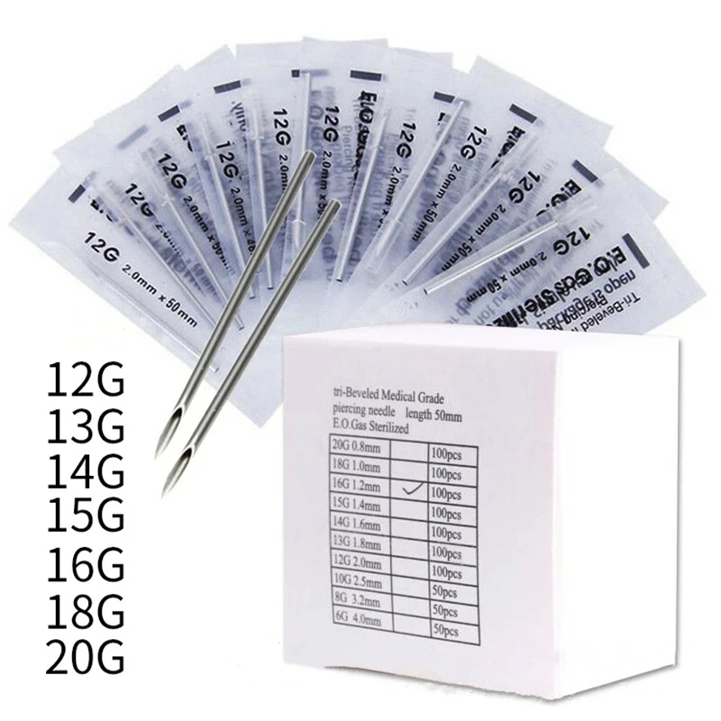 100PCS/Box Disposable 316 Steel Piercing Puncture Needles For Navel Nipple Ear Nose Lips Body Jewel Piercing Tattoo Supplies Kit