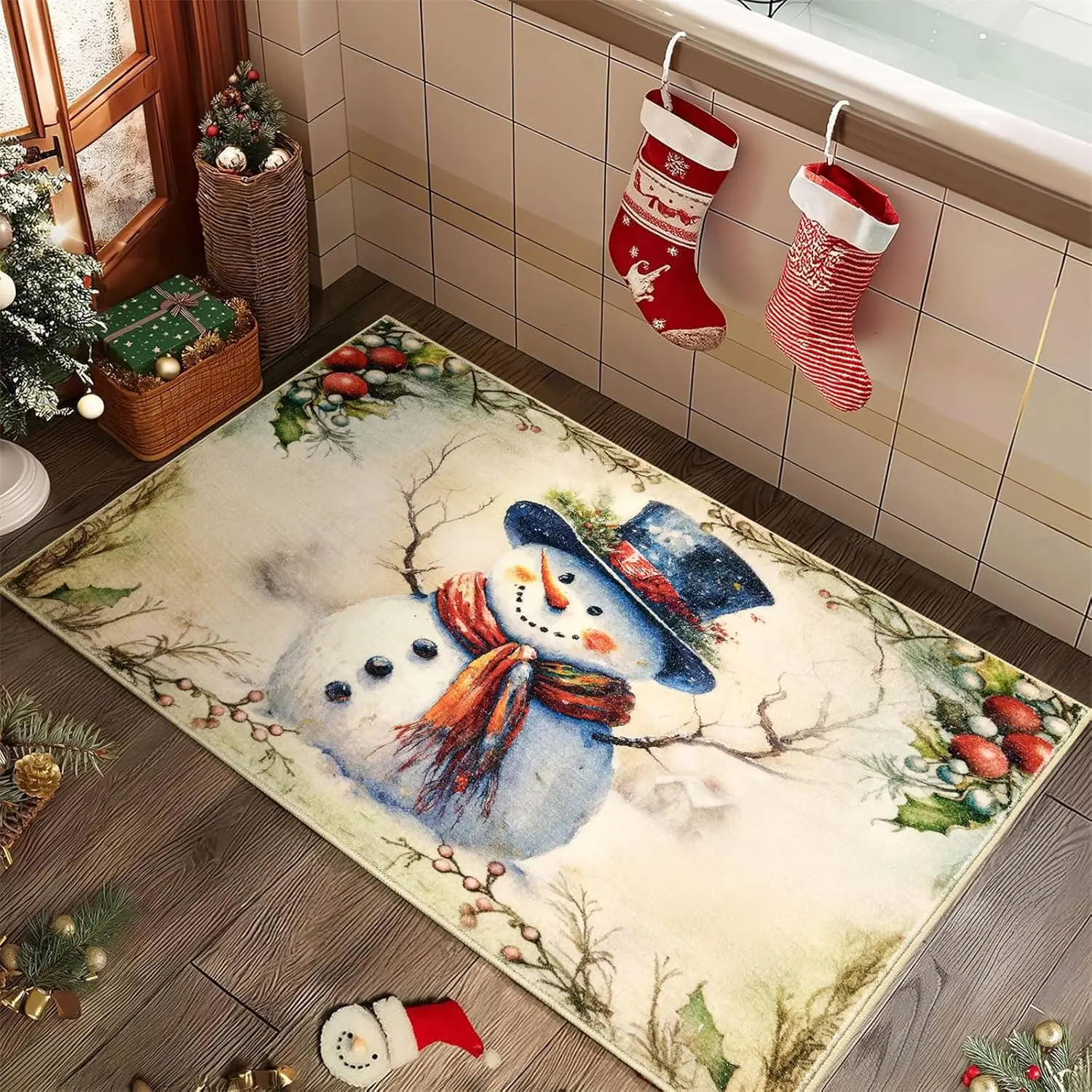 Resistant Ultra Thin Winter Snowman Holly Berry Rug Cute Festive Holiday Indoor Carpet for Living Room Bedroom Kitchen Dorm