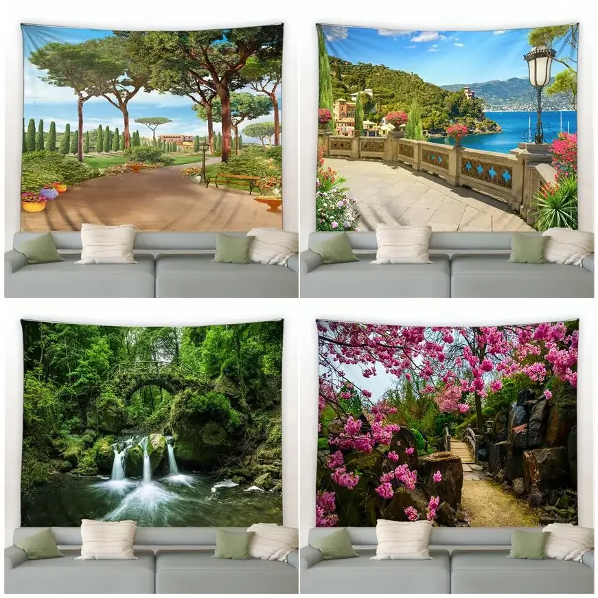 Spring scenery forest waterfall arch bridge seaside town scenery wall hanging living room garden home decoration tapestry