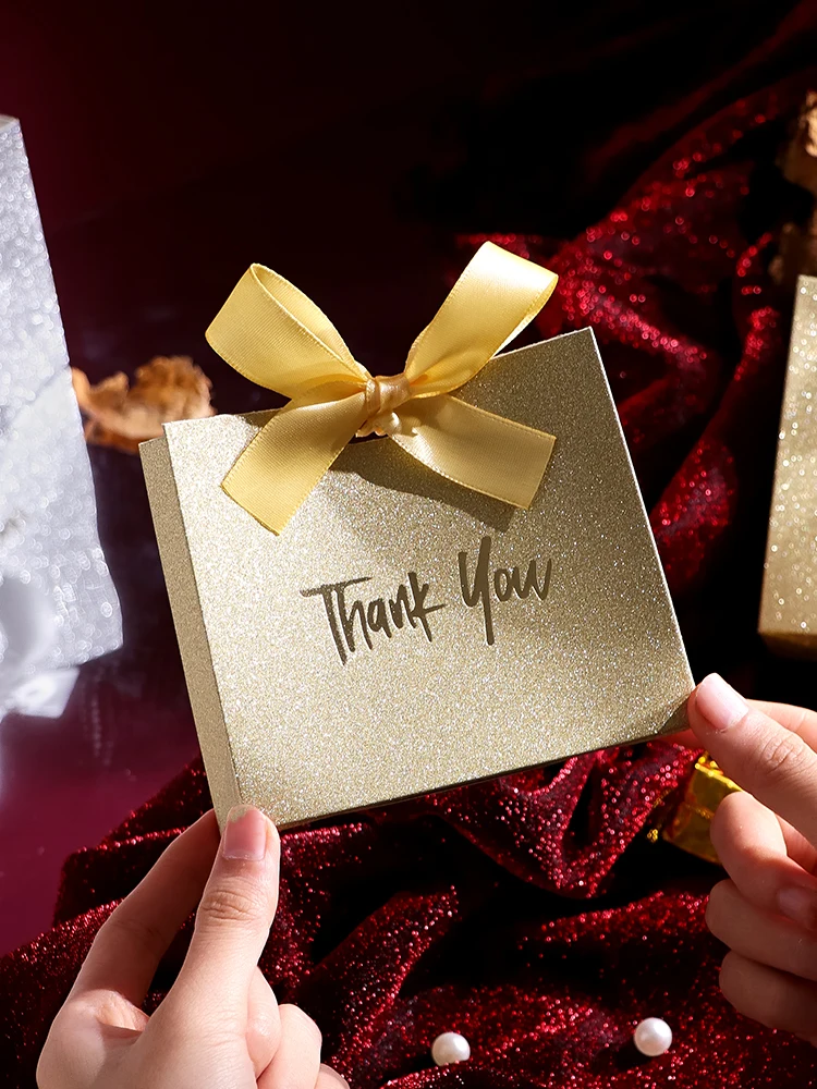 10 Pack Gold and Silver Glitter Thank You Gift Boxes with Ribbons, Mini Candy Boxes, Chocolates and Small Gifts, Glittering Gold