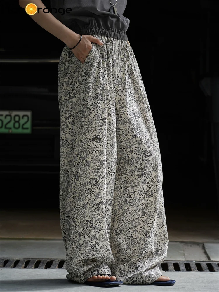 HanOrange 2025 pantalones de pierna ancha florales de anacardo para principios de otoño, pantalones de arrastre de suelo con sensación colgante para mujer, color blanco/azul marino