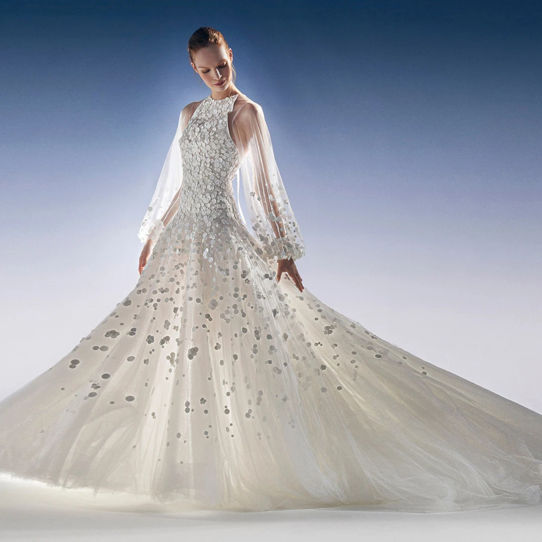 

Fairy Illusion Wedding Dress with Off‑Shoulder Lace & Sequin Details Light Pastel Basic Home‑Leisure Style Perfect for Bridal