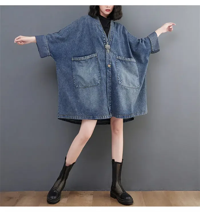 Vintage V-Neck Big Pocket Denim Jacket Women\'s 2023 Spring Autumn New Loose Oversized Long Windbreaker Jean Jackets Outerwear