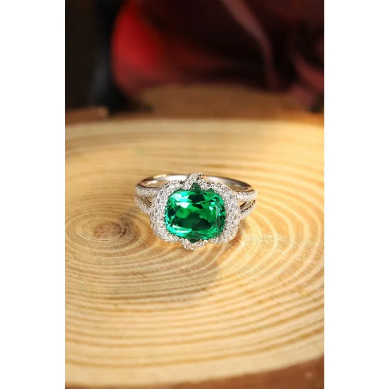 

Ruihe New 925 Silver 2.985ct Cushion Shape Lab Grown Emerald Gemstone Women Ring Jewelry Personalized Fashion Gift