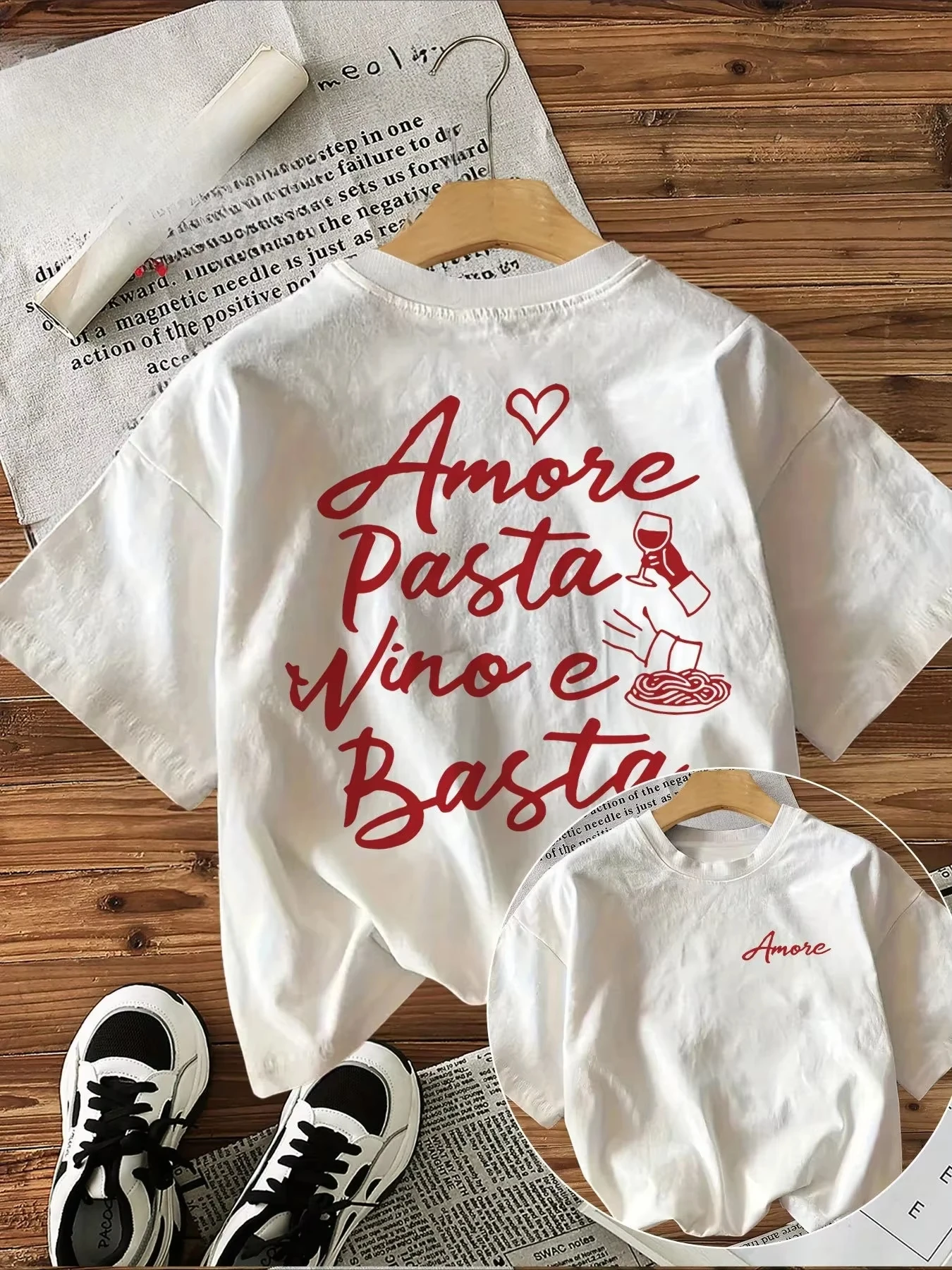 Unisex T‑shirt Amore Pasta Wine Slogan Graphic Tee Crew Neck Short Sleeve Italian Food Lettering Front Back Print Casual Top