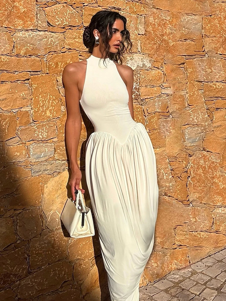 Kliou Gerafftes Elegantes Langes Kleid Damen Sommer Trend O-Ausschnitt Schulterfreies Rückenfreies Hochgeschnittenes Kleid Tägliche Freizeitmode Vestidos