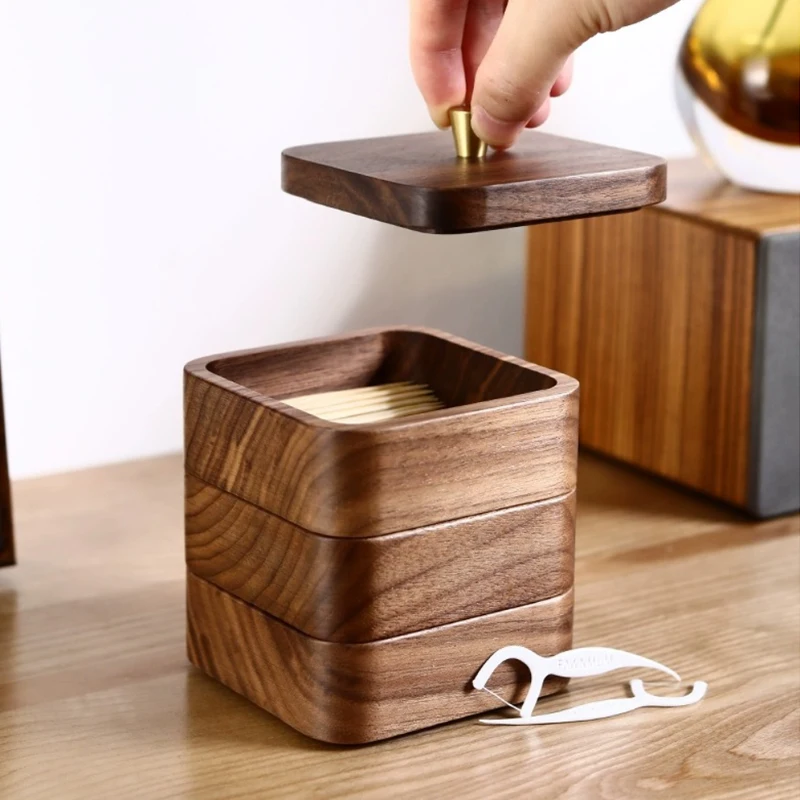 High-grade Black Walnut Wooden Toothpick Box 2 Layers/3 Layers Compartment Storage Dental Floss Box Wood Retro Home Decoration