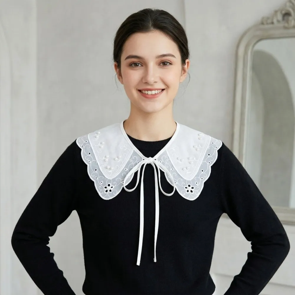 

Black White Organza Fake Collar Elegant Embroidered Nail Bead Tie Versatile Style All-match Imitation Pearl Decorative Shawl