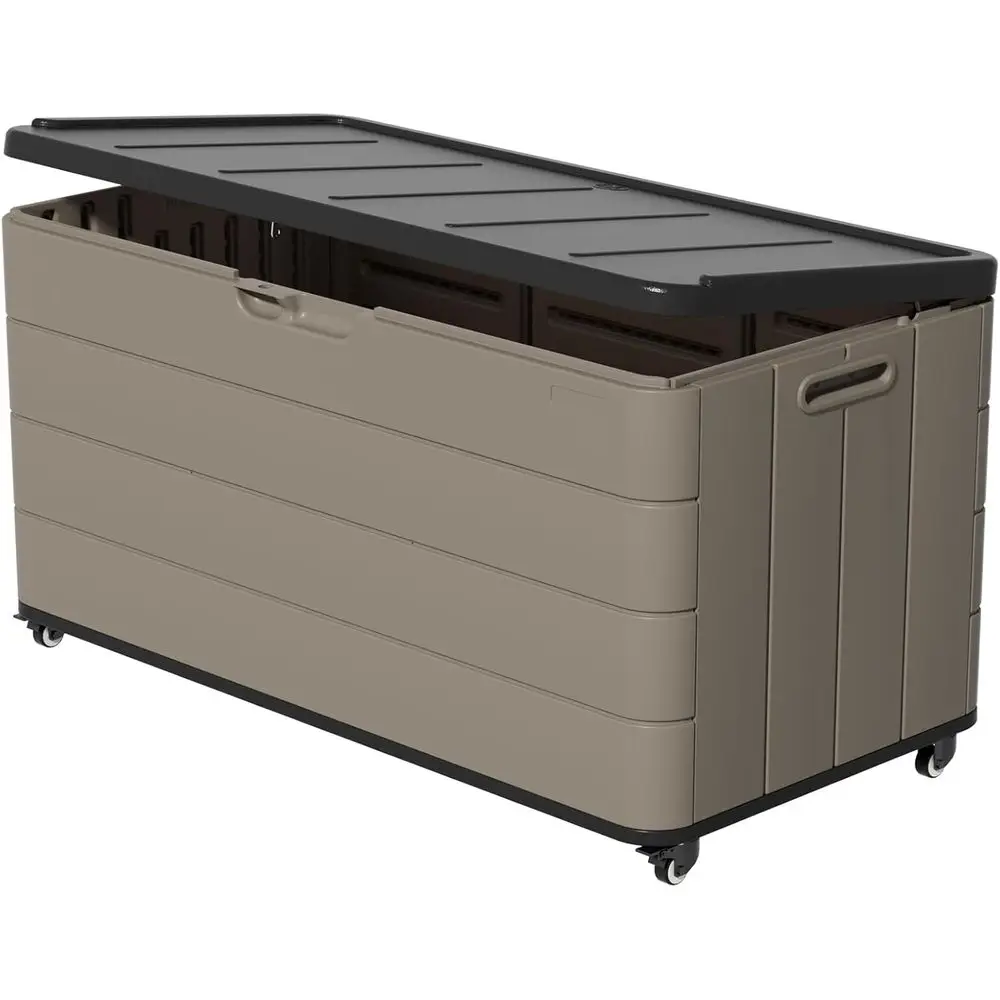 

Weatherproof 110-Gallon Deck Storage Box with Wheels, Lockable Patio Furniture and Tool Cabinet