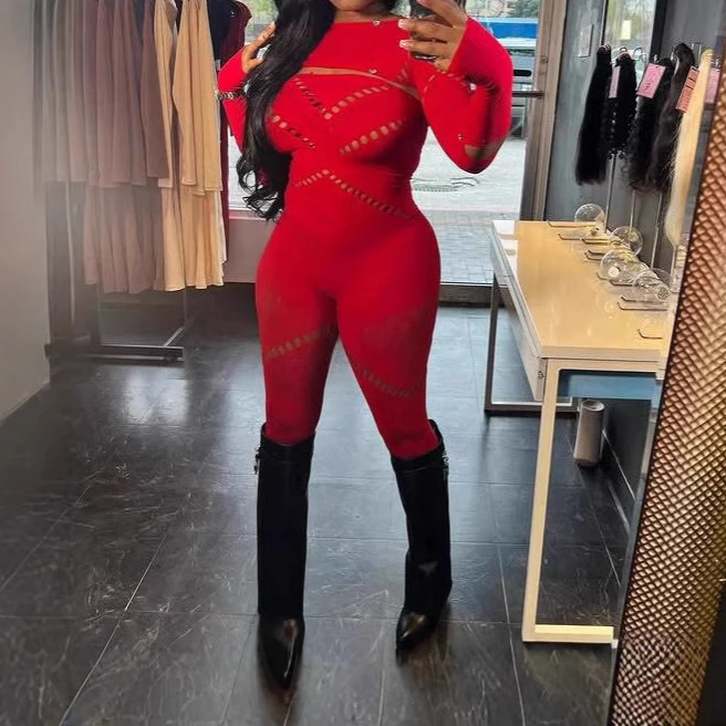 FAGADOER Hollow Out Sexy Bodycon Jumpsuits Women Mesh See Though Long Sleeve Bodycon Rompers Hot Girl Streetwear Overalls 2025