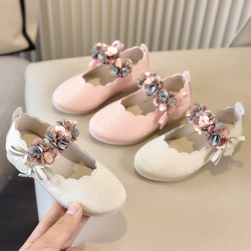 

Girls Flower Mary Jane Shoes Soft Sole Kids Flats Princess Shoes with Bow-knot Children Leather Shoes for Party Wedding