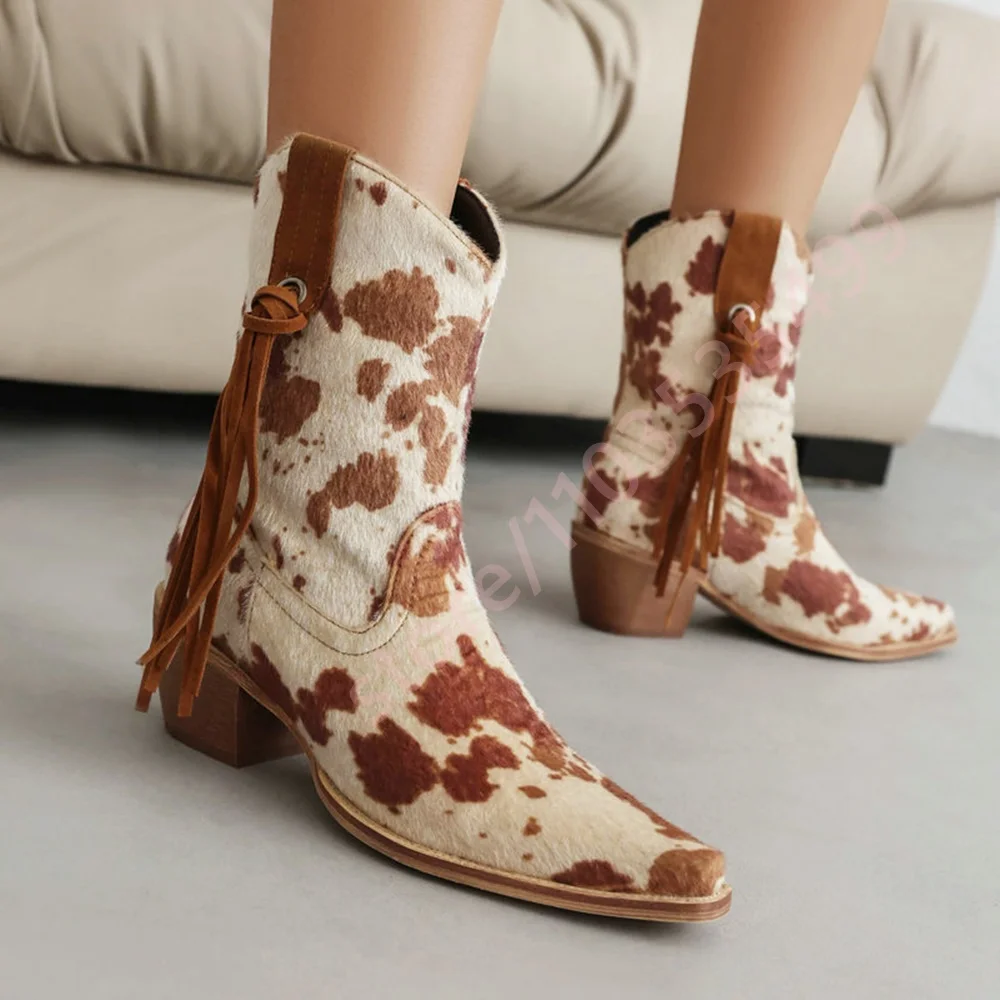 2025 خريف جديد البقرة طباعة شرابة أحذية رعاة البقر الغربية وأشار صندل بكعب مكتنز ليوبارد طباعة التمهيد موضة المرأة أحذية كاجوال للحفلات #1