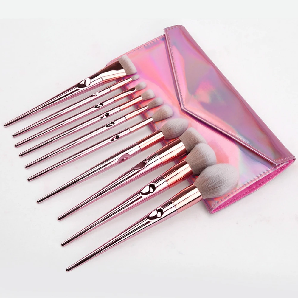 Ensemble de 10 pinceaux de maquillage à marque privée, sac holographique rose, haute qualité, logo personnalisé, cosmétiques en gros, sans cruauté animale