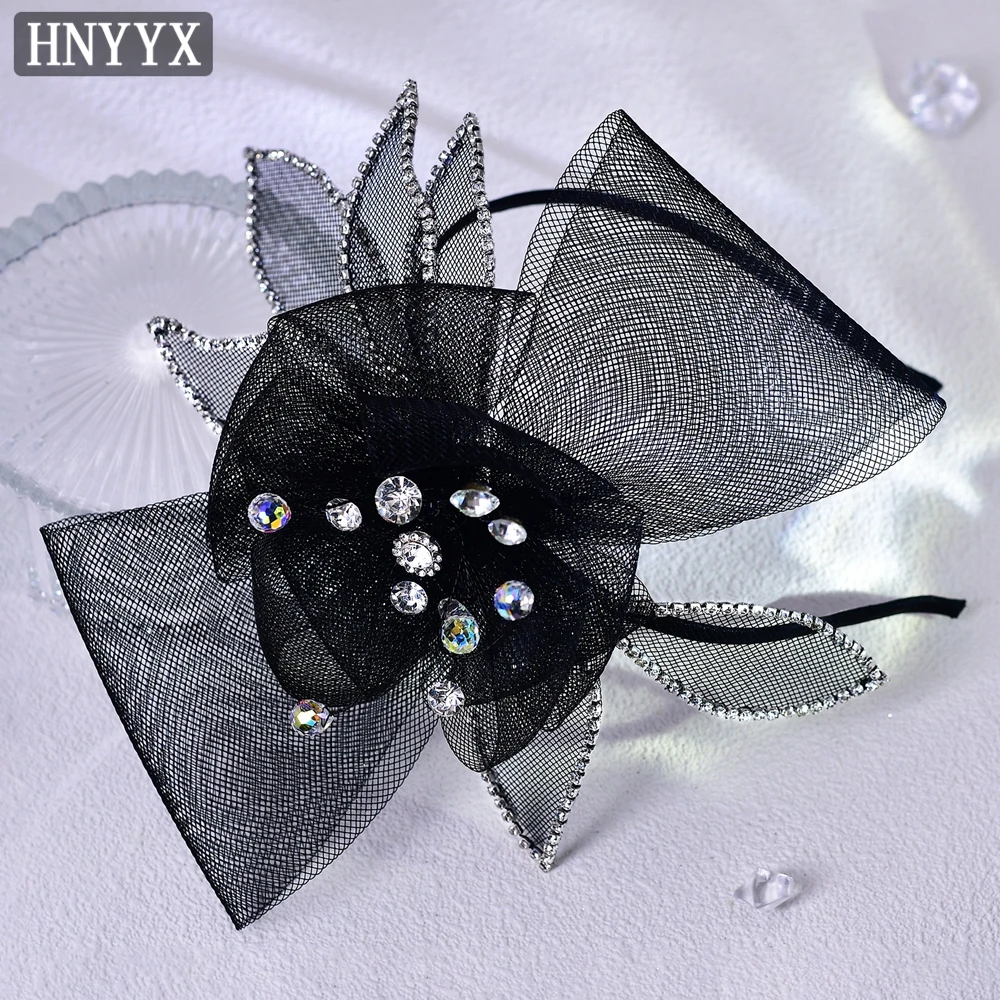 HNYYX Vintage Headband Black Mesh Bow Hair Hoop Rhinestone Flower Headwear Cosplay Headdress Party 1920 Hair Piece A121