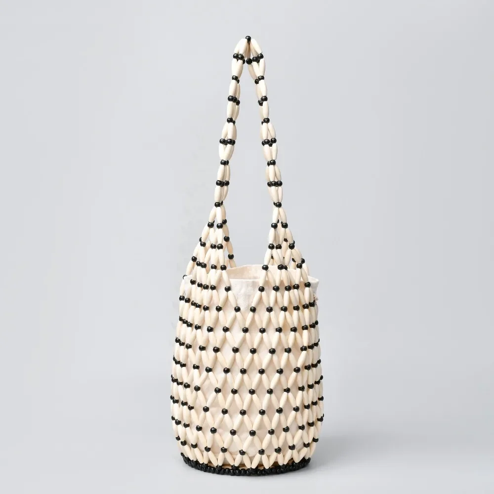 

Trendy Bohemian Woven Hand Bag Female Style Exquisite Design Wooden Bead Tote Handmade Summer Beach Handbag Daily Wear
