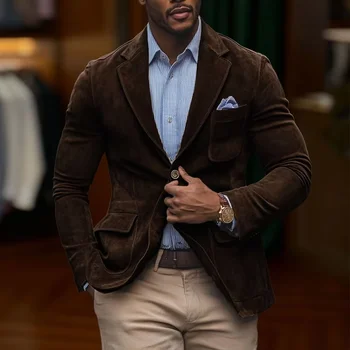 Men's Suede Brown Blazer Vintage Slim Fit Notched Lapel Formal Jacket High Quality Flap Pocket Sport Coat For Business Casual 20
