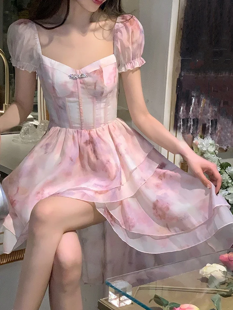 

French Sweet Women Princess Dress Vintage Lolita Square Neck Bow Pink Print Chiffon Dress Puff Sleeve Sweet Lolita Fairy Dress