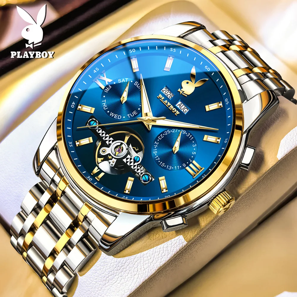 PLAYBOY 3140 Fashion Brand Mechanical Movement Men Watch Skeleton Flywheel Month Window HD Luminous 30m Waterproof Watch