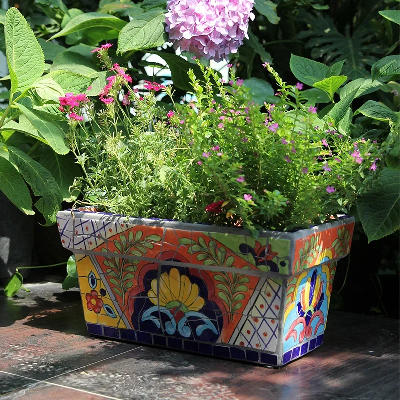 Featured courtyard balcony rectangular flower pot ornament, painted ceramic mosaic process