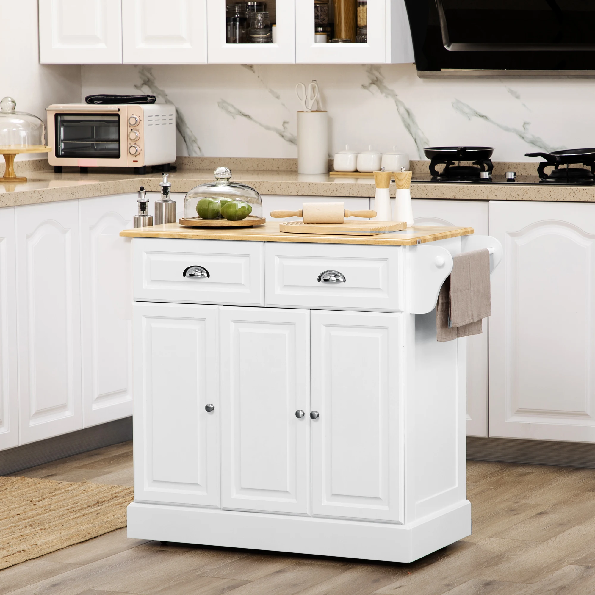

Kitchen Island with Rubber Wood Top Rolling Kitchen Serving Cart White