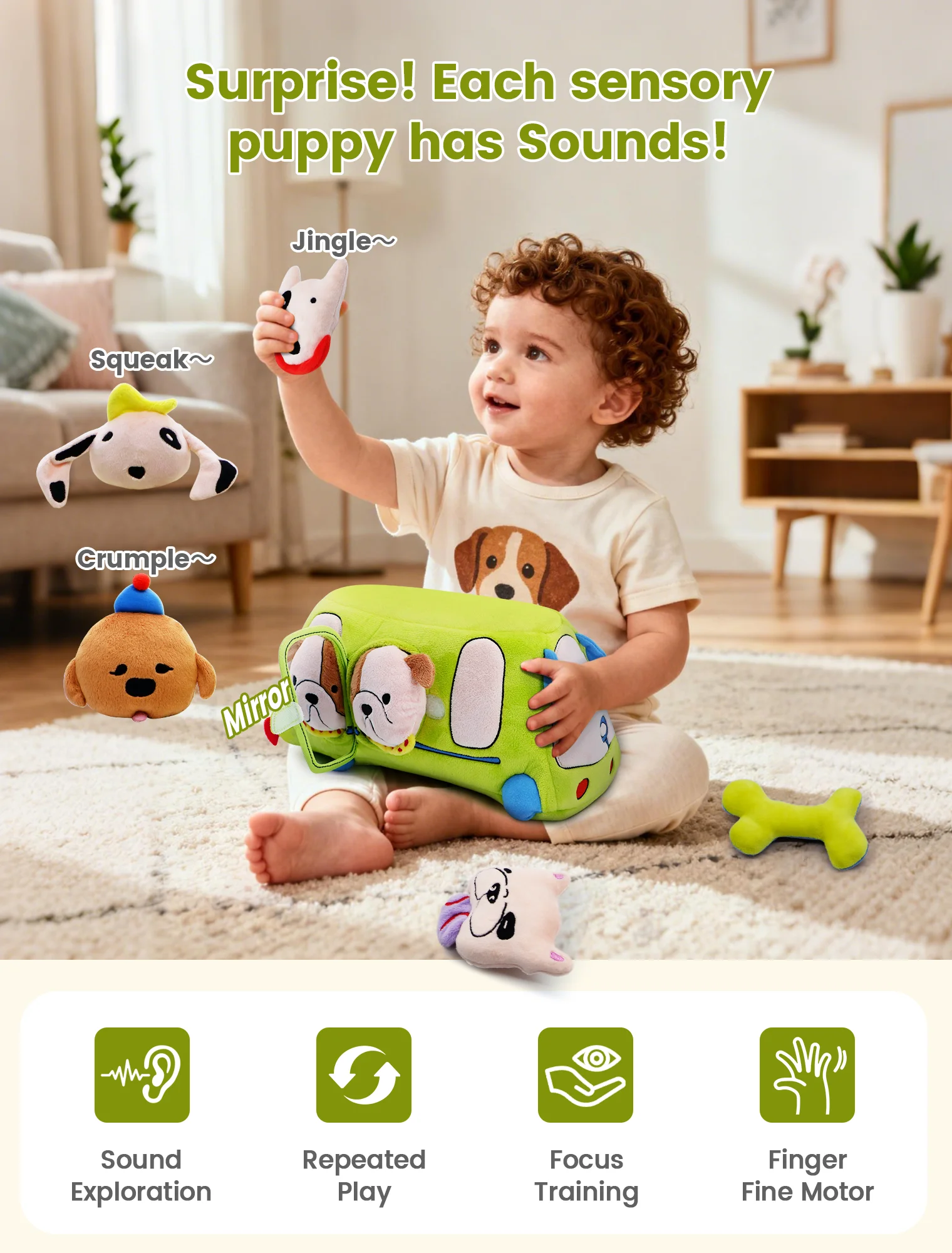 ソフトパピーバス モンテッソーリ感覚玩具 ラトルミラー付きスクイーカー 幼児向け早期教育玩具 男の子＆女の子向け