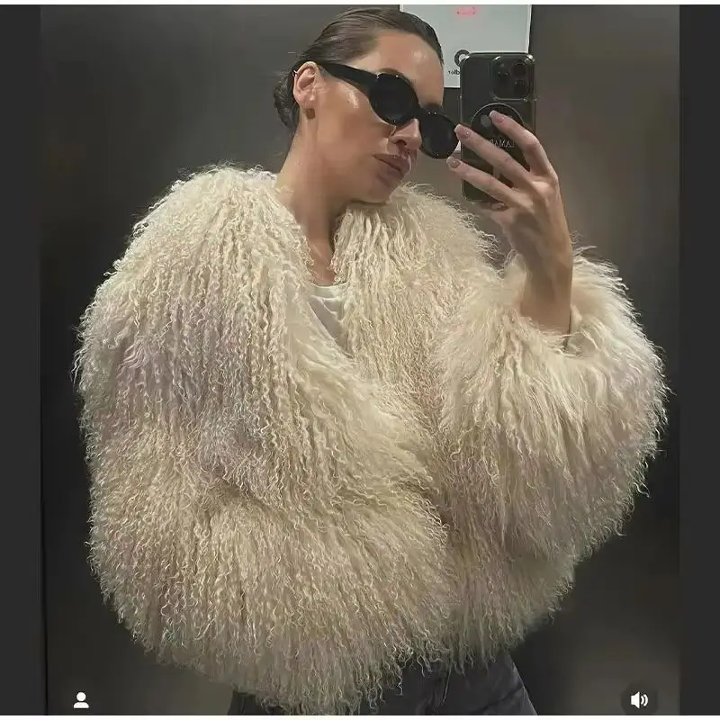 

Autumn and Winter New Fashion High Street Women's Clothing Fur Personalized Imitation Fur Warm Jacket Round Neck Long Sleeves