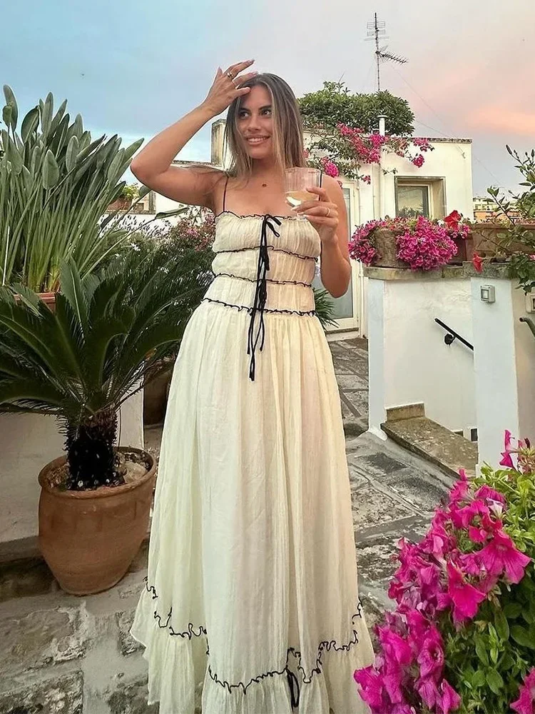 Foridol-vestido de verano blanco con tirantes finos y borde con volantes para mujer, maxivestido playero bohemio con lazo, 2024