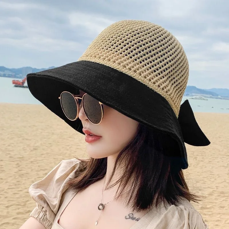 Hollow Out Bow Bucket Hat for Women Summer Sunshade Patchwork Sun Hat Mesh Breathable Straw Cap Girls Vacation Seaside Beach Cap