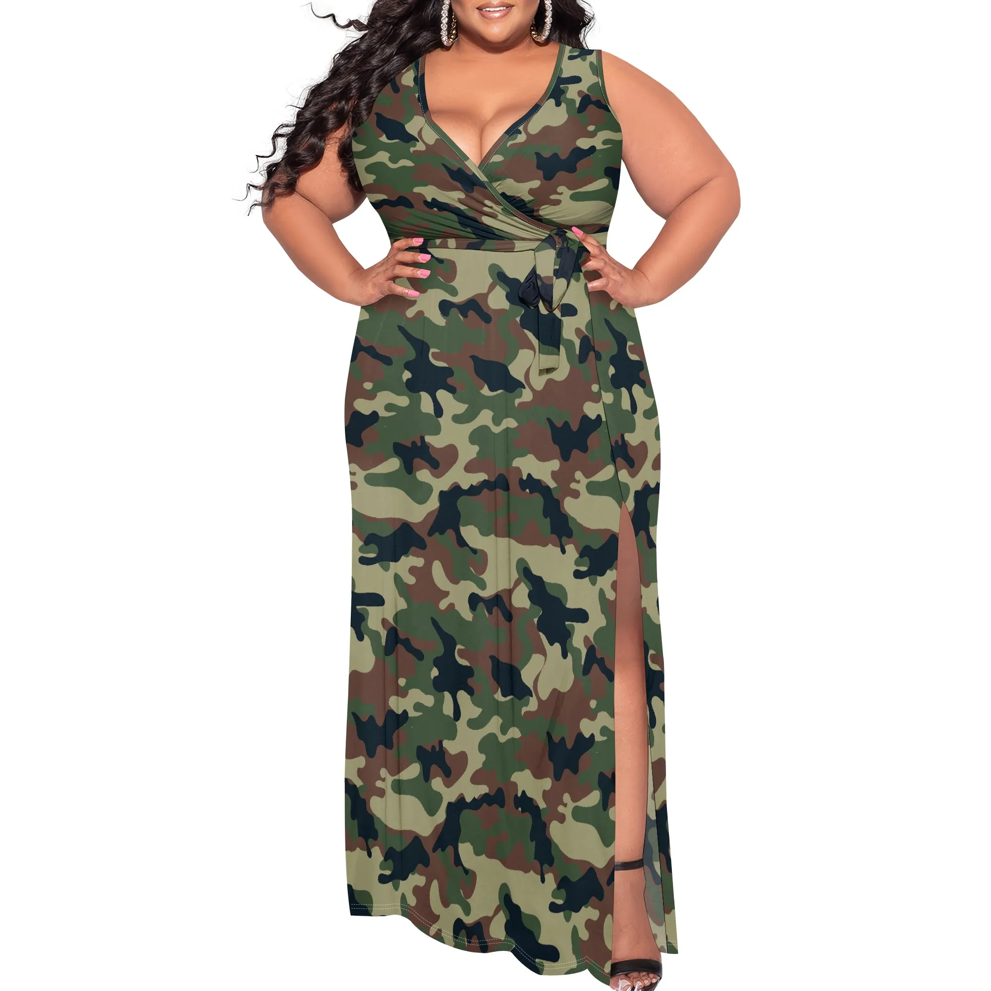 Camo Print Wrap Maxi Dress XL-6XL – Sleeveless V-Neck Split Bodycon Gown for Women Streetwear or Outdoor Party Look