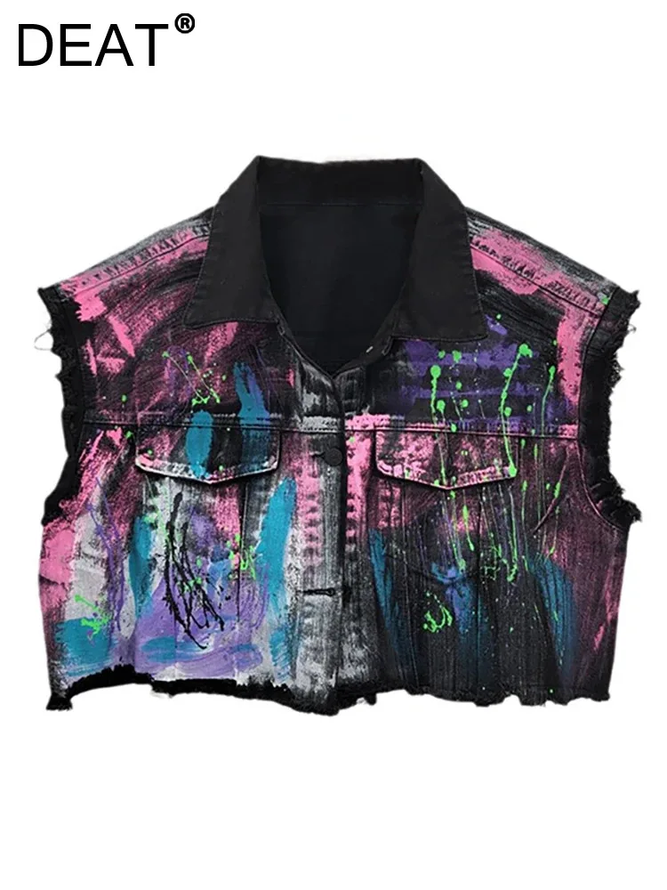 

DEAT Women Denim Vest Contrast Color Burrs Single Breasted Hand-painted Graffiti Short Waistcoat 2024 Summer New Fashion 29L7619