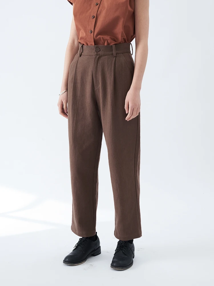 

Оригинальные повседневные брюки Bufu из хлопка и льна, прямого кроя, для поездок на работу, стройнящие, длинные, женские, весна-осень, цвет кофе, ретро-стиль