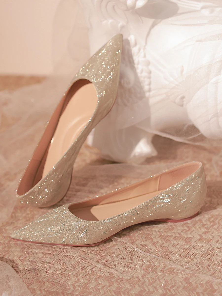 

Elevated Heel Pointed Toe Flat Bot Single oes Women's 2025 New Fairy Sle Champagne Gold Wedding oes Materni Brides...
