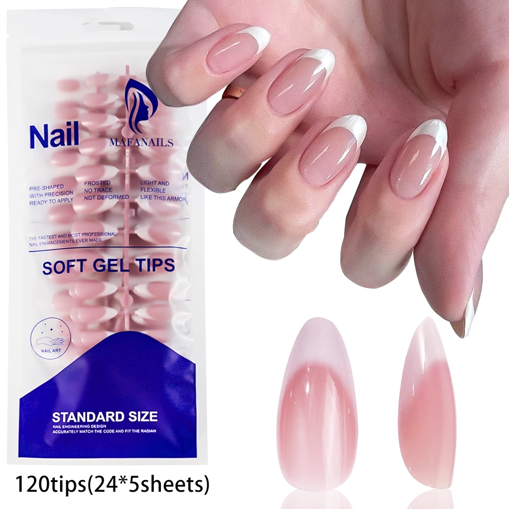 120/150 Stuks Korte Amandel Kunstnagels Witte Rand Ontwerp Franse Druk op nagels Volledige Dekking Wearable Stiletto Fake Nail tip Verlenging