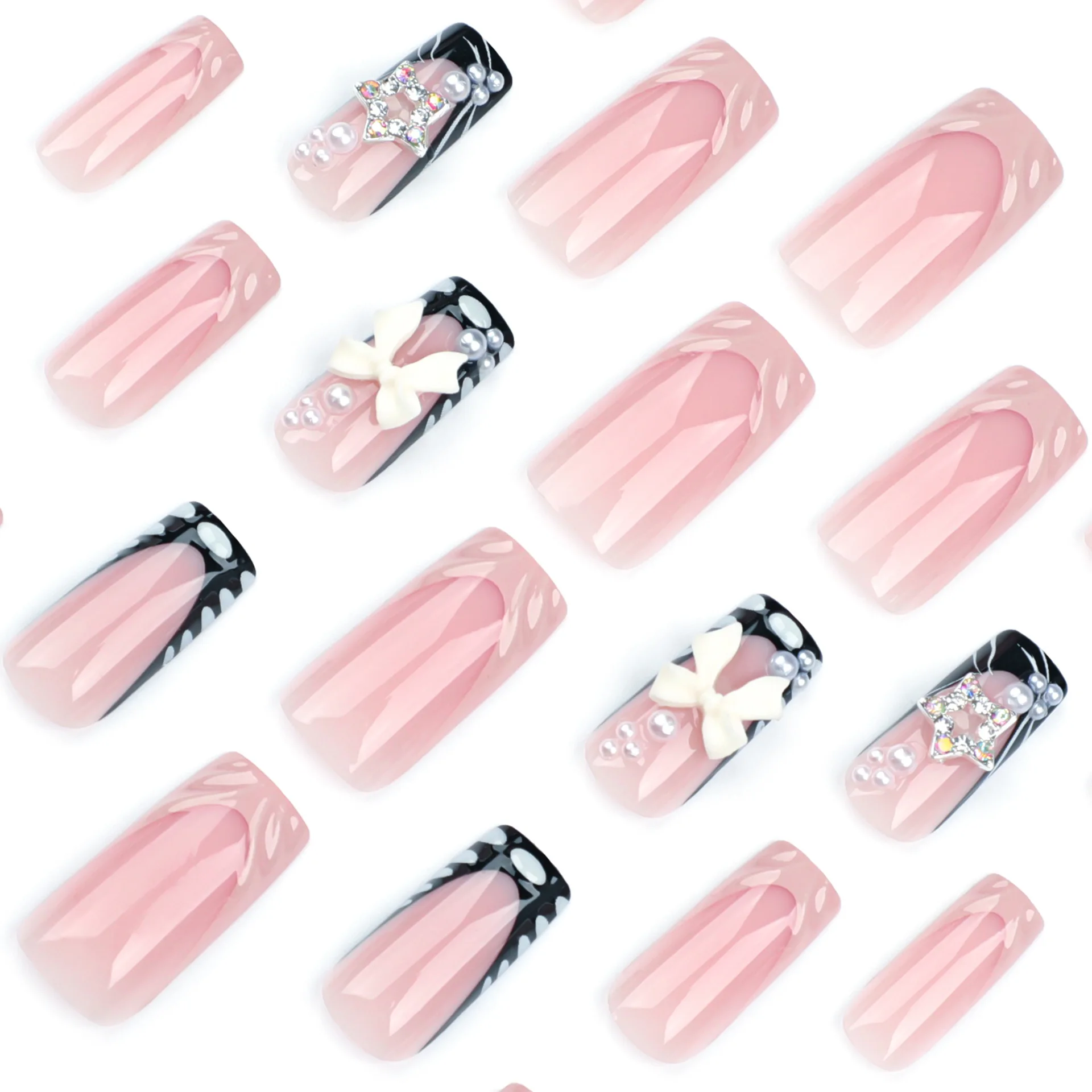 24pcs HITAM Pink Perancis kuku palsu Patch 3D bowknot mutiara riak Tekan pada kuku Glitter berlian bintang desain kuku palsu Tips