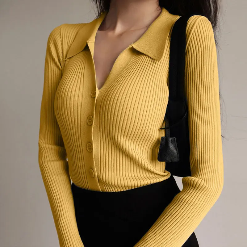 Women Bottoming Women 2022 Lapel Cardigan Long Sleeve POLO V Neck Knit Ladies Sexy Hollow Buttons Sweater Slim Slimming Tops New