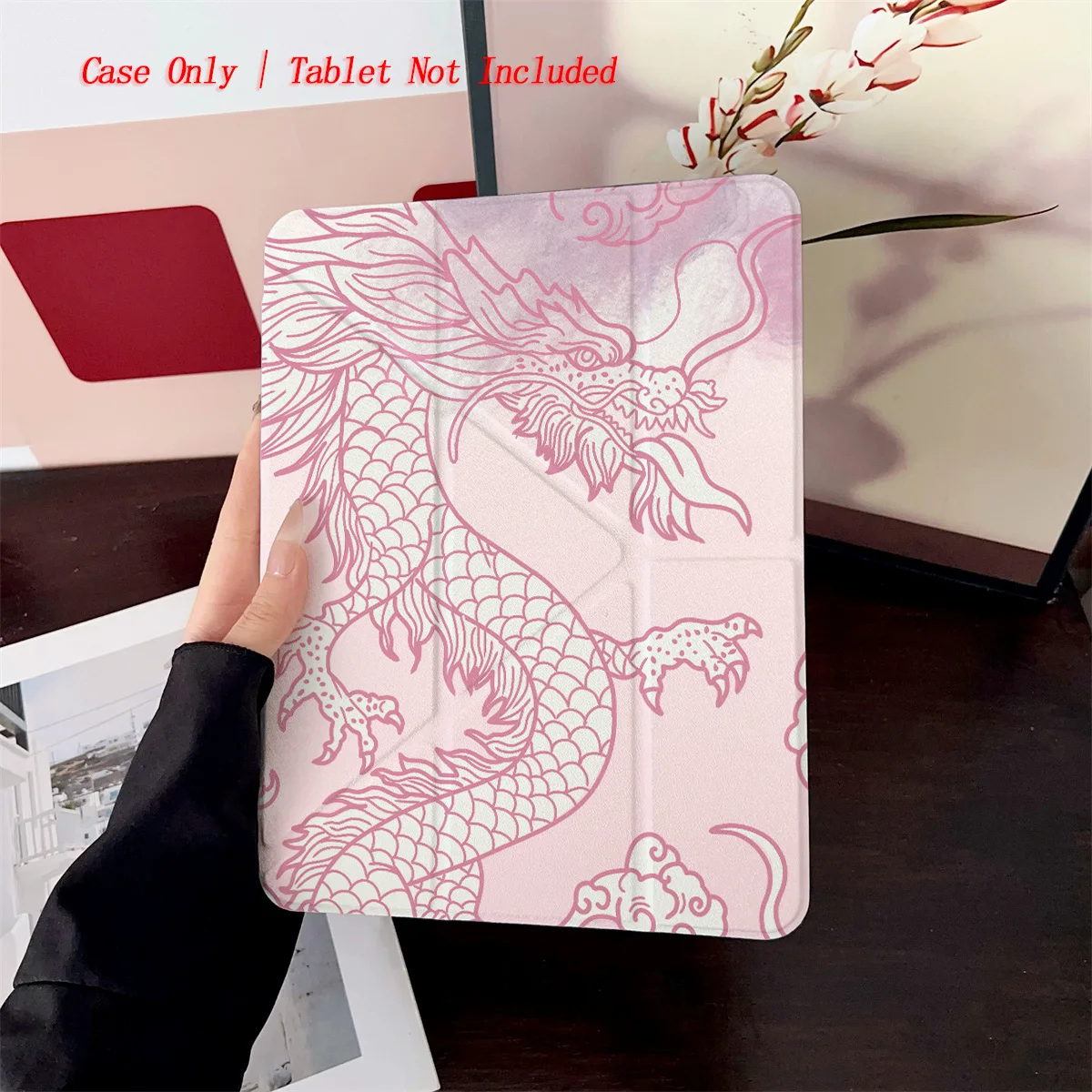 

Modern Sweet Y-Fold Soft Pink Dragon Motifs iPad Cover For Apple iPad 9th-10th Gen Air 5 Mini 6 Shockproof Case