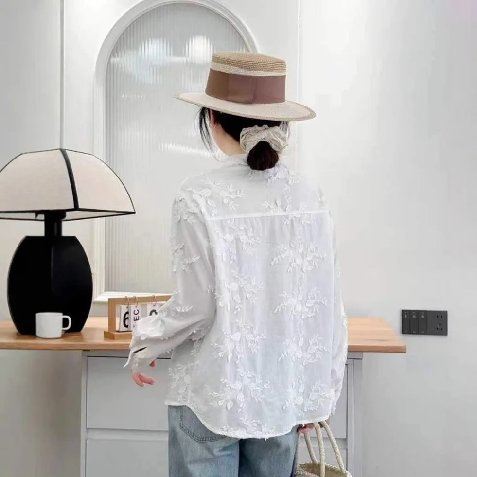 Nowa koszula z długim rękawem z bawełny na jesień 2025, damska stójka z haftem kwiatowym 3D, bluzka w stylu Mori Girl Retro Sweet Chic Loose T570114CC