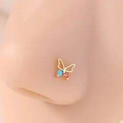 1Pcs 20G L Shaped Nose Studs Butterfly Design Shiny Turquoise Red CZ Small Gold Silver Color Nose Piercing for Women Girl