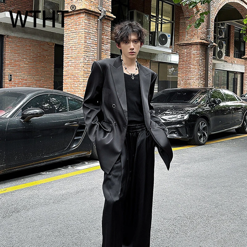 

WTHT Fashion Men's Solid Color Pockets Loose Glossy Blazer Coat Trendy Double Buckle Long Sleeve Jacket Male 2025 Summer 2A01005
