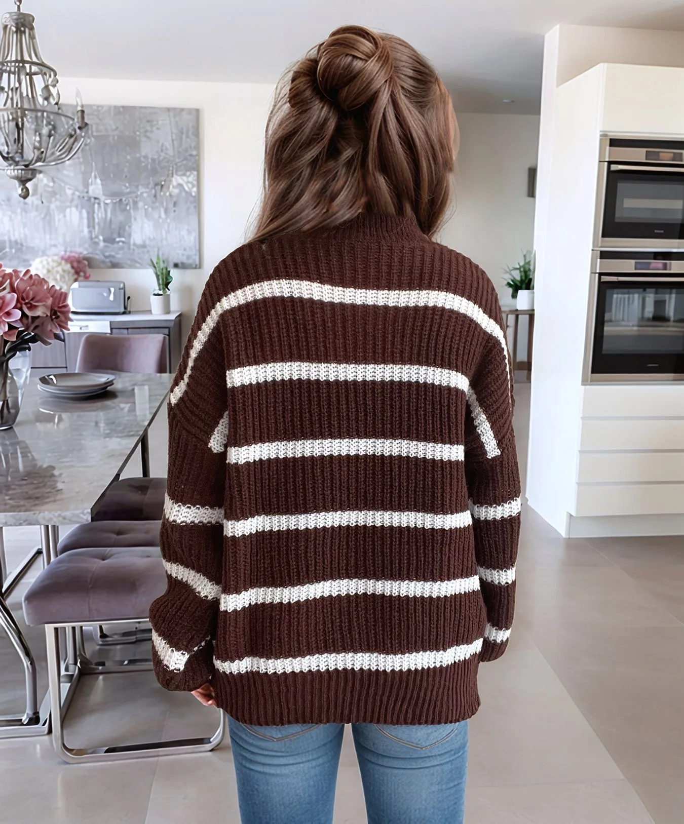 Dames losse kleurblok gestreepte trui Herfst- en wintergebreide trui Elegant en geschikt voor werk