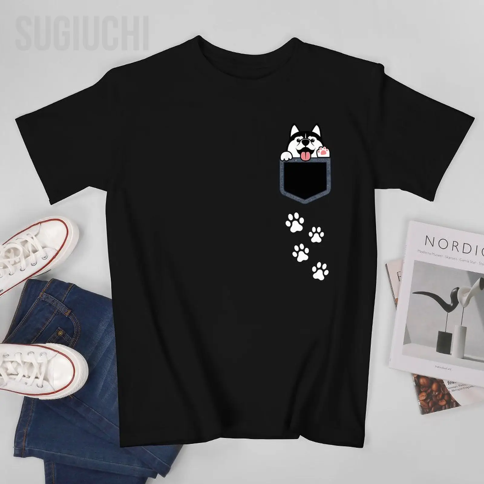 Unisex Men Siberian Husky In Pocket Cute Puppy Dog Lover Apparel Tshirt Tees T Shirts Women Boys 100% Cotton T-Shirt