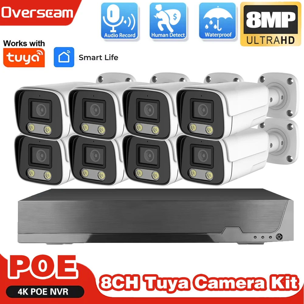 4K 8CH Tuya Smartlife Home POE Security IP Camerae System 8MP Human Detection CCTV Camera System AI P2P Video Surveillance Kit