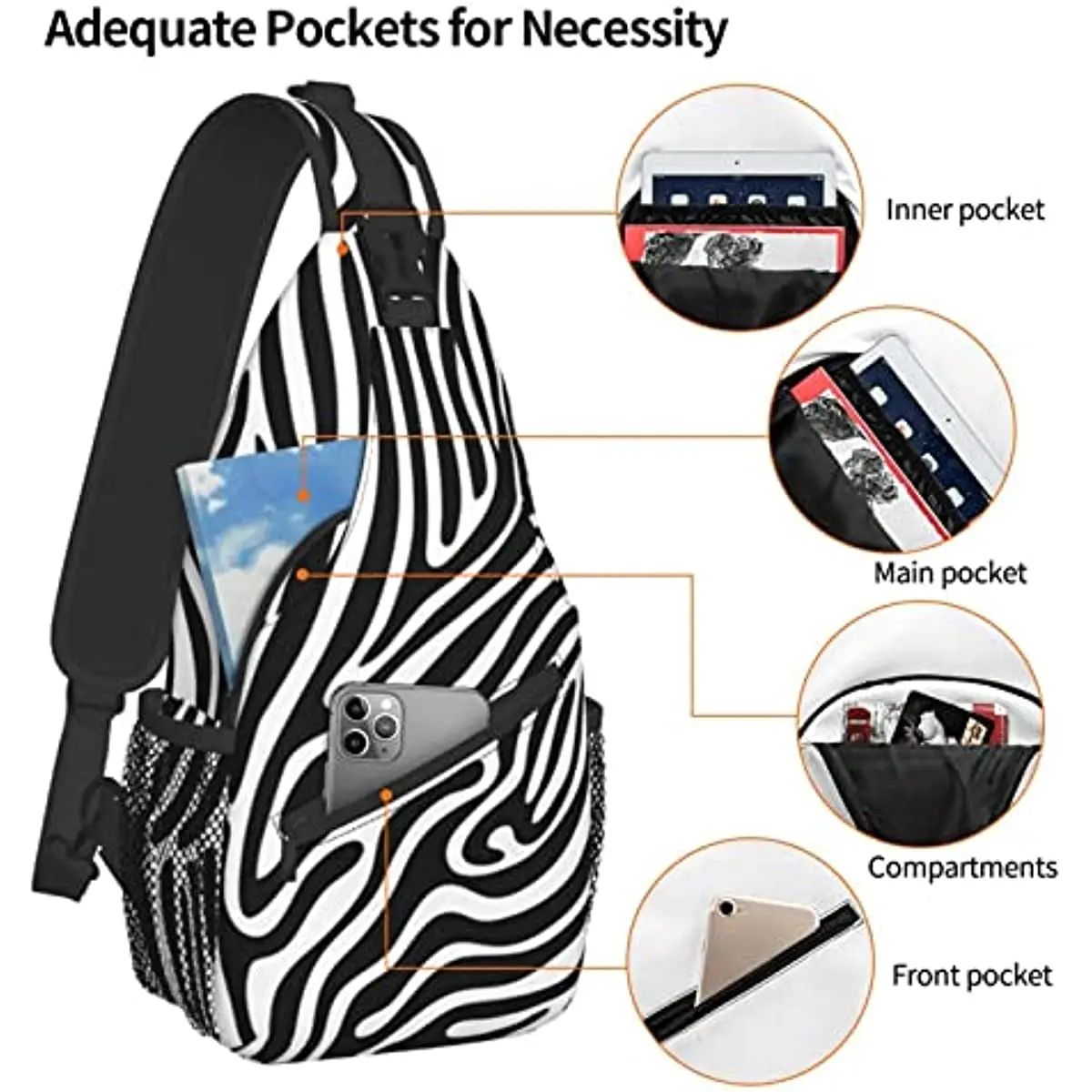 Mochila Zebra Pattern Sling para homens e mulheres, Crossbody Sling Bag, Mochilas para caminhadas de viagem, mochila casual unissex