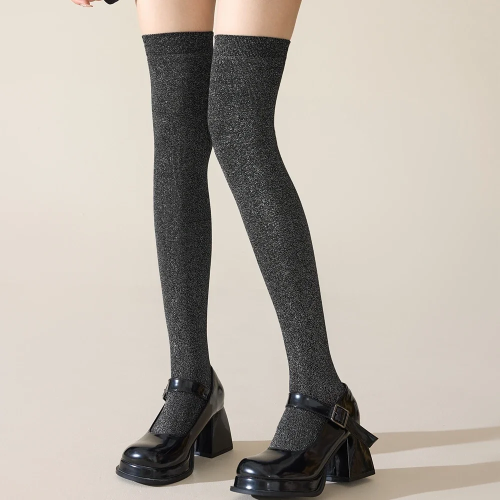 Calzini lunghi da donna in oro argento Calze sottili da donna alla moda Calze alte da donna con glitter lucidi sopra il ginocchio