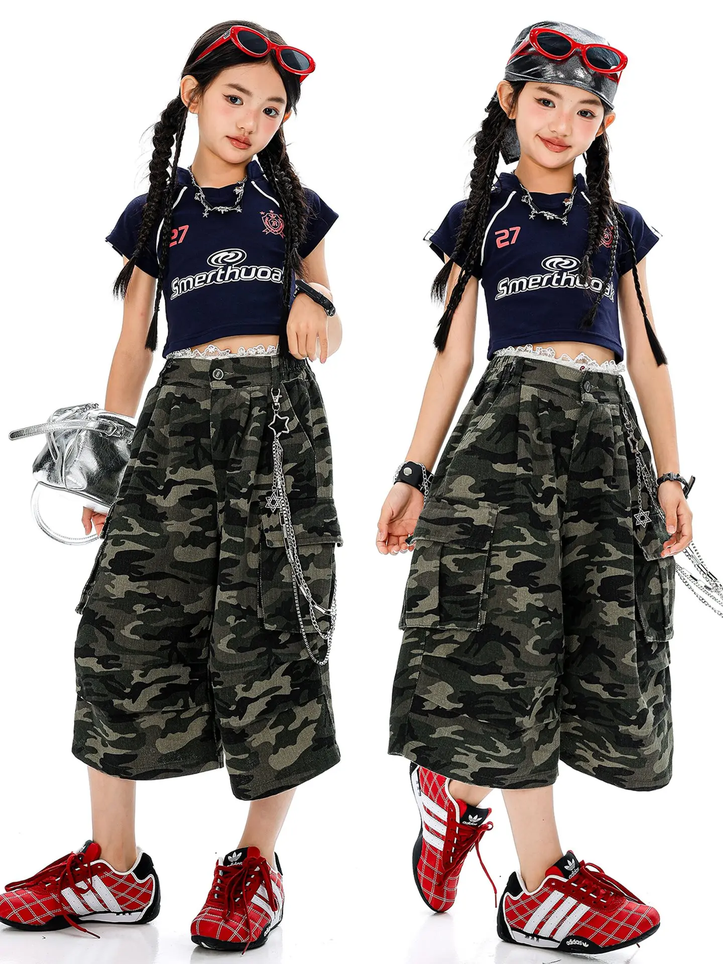 

2025 New Fashion Jazz Dance Performance Clothes Girls Team Short Sleeve Top Camouflage Shorts Hiphop Street Dance Wear DQL11199