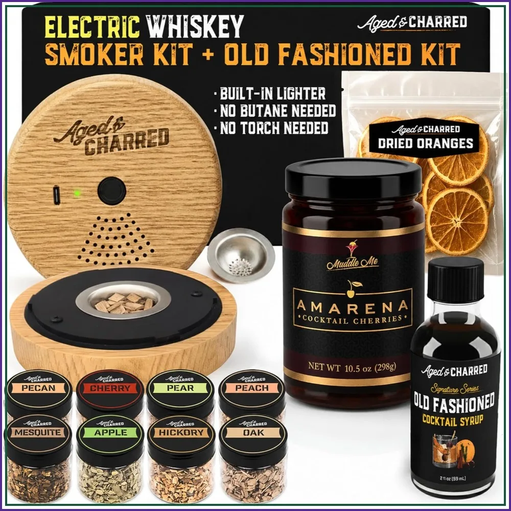 

Electric Cocktail Smoker Kit - Complete Old Fashioned Bundle with Syrup, Cherries, Orange Garnish, 8 Wood Chips