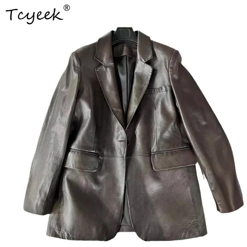 Tcyeek peau De mouton printemps automne Vintage costume col couleur unie femmes en cuir véritable veste Jaqueta De Couro légítimo Feminina